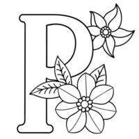 Alphabet P coloring page with the flower, P letter digital outline floral coloring page, ABC coloring page vector