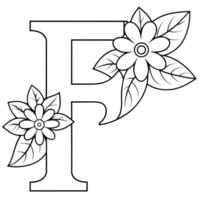 Alphabet F coloring page with the flower, F letter digital outline floral coloring page, ABC coloring page vector