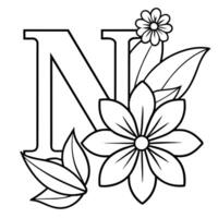 Alphabet N coloring page with the flower, N letter digital outline floral coloring page, ABC coloring page vector