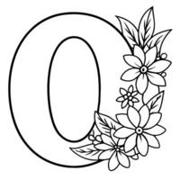 Alphabet O coloring page with the flower, O letter digital outline floral coloring page, ABC coloring page vector