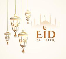 traditional eid al fitr wishes background with hanging lamp vector
