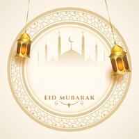 islamic festival eid mubarak wishes background with realistic lantern vector