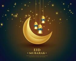 brillante eid Mubarak invitación tarjeta con 3d creciente y lámpara vector