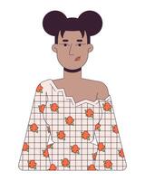 negro mujer vistiendo blusa con floral modelo 2d lineal dibujos animados personaje. hermosa hembra aislado línea persona blanco antecedentes. elegante joven modelo color plano Mancha ilustración vector