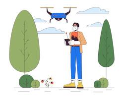 coreano hombre con zumbido en parque línea dibujos animados plano ilustración. asiático chico controlador quadcopter 2d arte lineal personaje aislado en blanco antecedentes. uav tecnología en diario vida escena color imagen vector