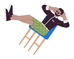 despreocupado hombre equilibrio en silla 2d lineal dibujos animados personaje. africano americano chico descansando aislado línea persona blanco antecedentes. disfrutando gratis hora y pereza color plano Mancha ilustración vector