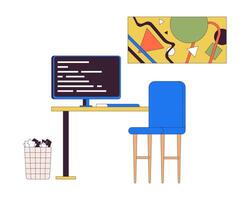 Office workplace with computer 2D linear cartoon objects. Pc monitor on desk in arranged workspace isolated line elements white background. Minimalist interior color flat spot illustration vector