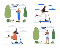 Technology in everyday life line cartoon flat illustrations set. Multicultural people 2D lineart characters isolated on white background. Drone UAV, e-scooter scenes color images collection vector