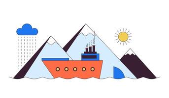 Vessel sailing past mountains 2D linear cartoon objects. Travelling by water. Tourist ship on exotic cruise isolated line elements white background. Sea vacation color flat spot illustration vector