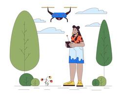 Hispano mujer volador zumbido en parque línea dibujos animados plano ilustración. latina niña controlador quadcopter 2d arte lineal personaje aislado en blanco antecedentes. uav tecnología diario escena color imagen vector