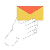 Holding closed envelope linear cartoon character hand illustration. Communication via paper letters outline 2D image, white background. Sending message by mail editable flat color clipart vector