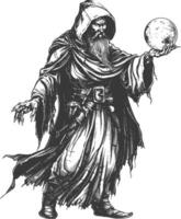 elf mage or necromancer with magical orb images using Old engraving style vector