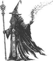 elf mage or necromancer with magical staff images using Old engraving style vector