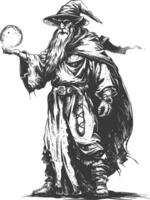 elf mage or necromancer with magical orb images using Old engraving style vector