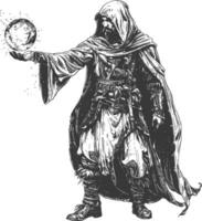 elf mage or necromancer with magical orb images using Old engraving style vector