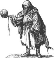 elf mage or necromancer with magical orb images using Old engraving style vector