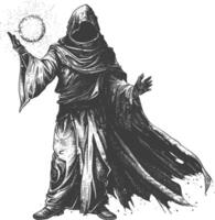 duende mago o nigromante con mágico orbe imágenes utilizando antiguo grabado estilo vector