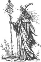 elf mage or necromancer with magical staff images using Old engraving style vector