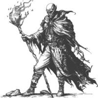 elf mage or necromancer with magical staff images using Old engraving style vector