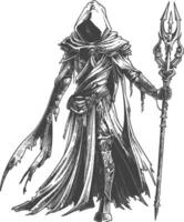 elf mage or necromancer with magical staff images using Old engraving style vector