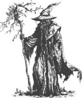 elf mage or necromancer with magical staff images using Old engraving style vector