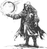 elf mage or necromancer with magical orb images using Old engraving style vector