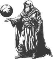 elf mage or necromancer with magical orb images using Old engraving style vector