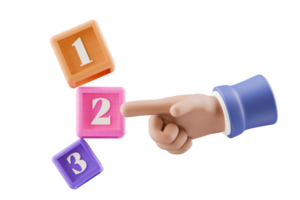 3d hand pointing to numbered building block cubes png