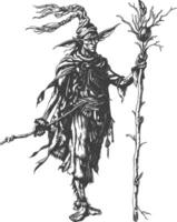 elf mage or necromancer with magical staff images using Old engraving style vector