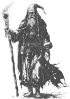 elf mage or necromancer with magical staff images using Old engraving style vector