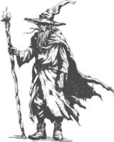 elf mage or necromancer with magical staff images using Old engraving style vector