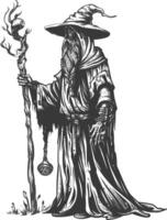 elf mage or necromancer with magical staff images using Old engraving style vector