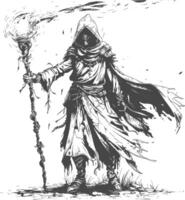 elf mage or necromancer with magical staff images using Old engraving style vector