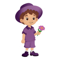 Boy in a purple hat and curly hair with a flower in his hand png