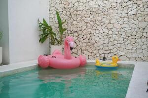 inflable rosado flamenco y amarillo Pato aros salvavidas flotador en el agua en un piscina en verano. Roca antecedentes con plantas de interior decoración en el lado. fiesta y vacaciones concepto. foto