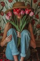 Woman Sitting on Bed Holding Bouquet of Flowers photo