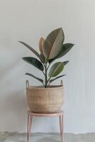 Plant in Woven Basket on Table photo