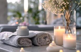 Candles, Towels, and Flowers on Table photo