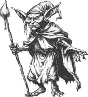 goblin mage or necromancer with magical staff images using Old engraving style vector