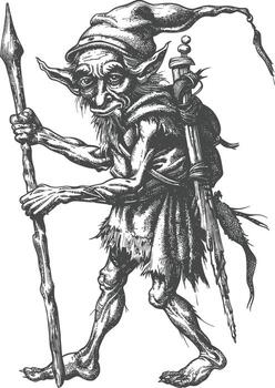 goblin mage or necromancer with magical staff images using Old engraving style vector