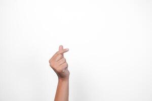 Portrait of a hand making small love heart gesture with fingers on isolated white background photo