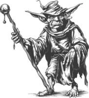 goblin mage or necromancer with magical staff images using Old engraving style vector