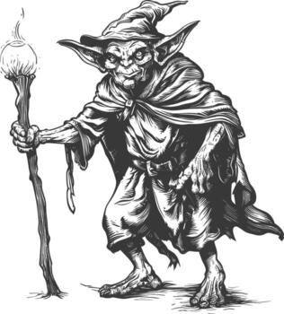 goblin mage or necromancer with magical staff images using Old engraving style vector