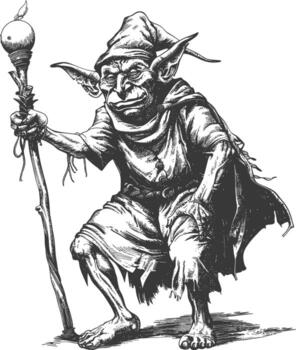 goblin mage or necromancer with magical staff images using Old engraving style vector