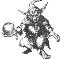 goblin mage or necromancer with magical orb images using Old engraving style vector