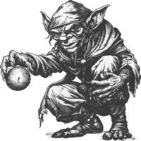 goblin mage or necromancer with magical orb images using Old engraving style vector