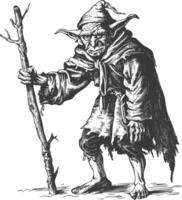 goblin mage or necromancer with staff images using Old engraving style vector