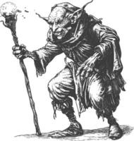 goblin mage or necromancer with magical staff images using Old engraving style vector