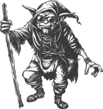 goblin mage or necromancer with staff images using Old engraving style vector