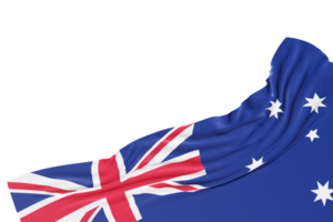 realista bandera de Australia con pliegues, en transparente antecedentes. pie de página, esquina diseño elemento. cortar afuera. Perfecto para patriótico temas o nacional evento promociones vacío, Copiar espacio. 3d prestar. png